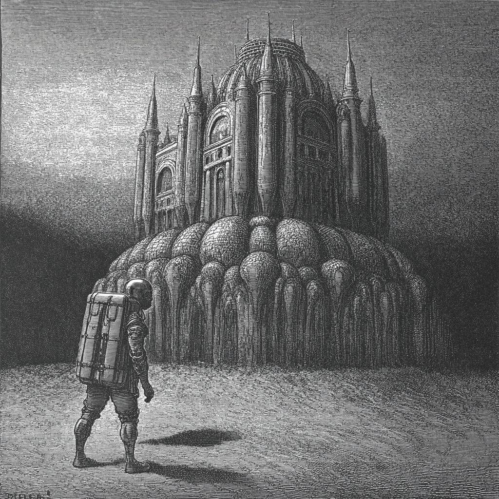 A lone astronaut before a cathedral-sized alien machine
