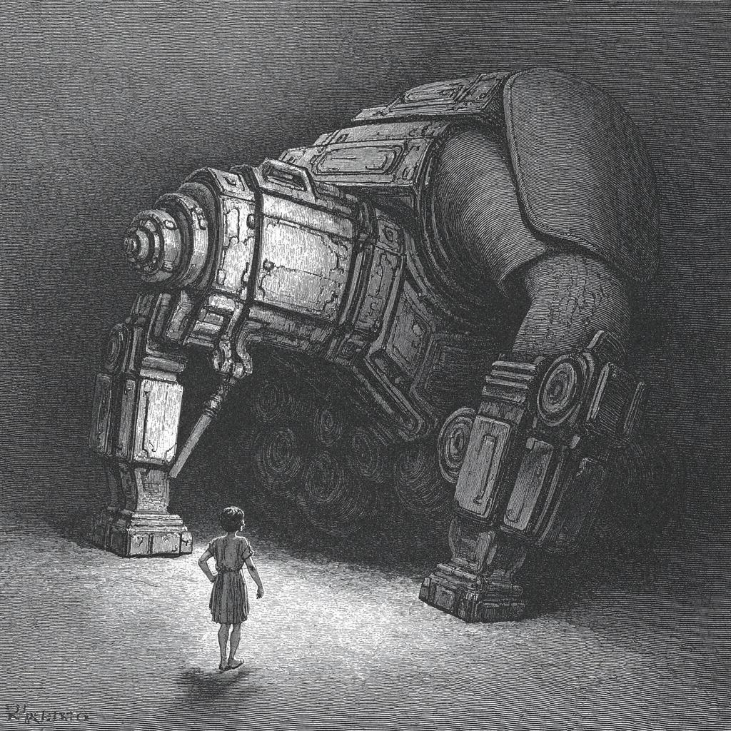 A tiny human figure facing a colossal ancient robot