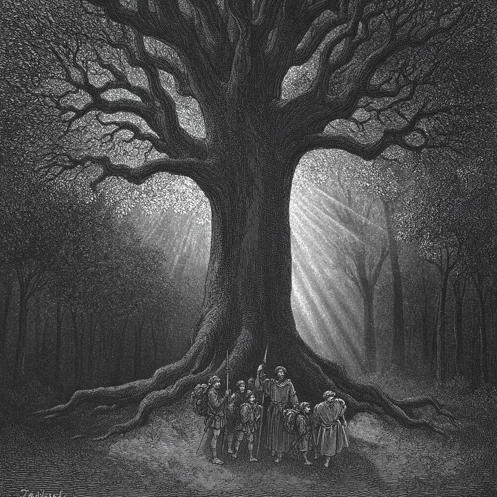 A colossal ancient tree towering over tiny explorers