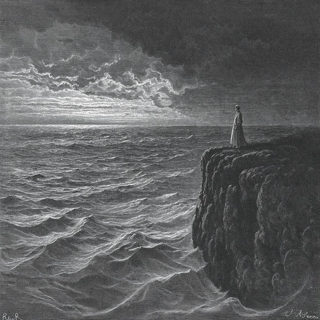 A lone figure on a cliff facing a vast storm