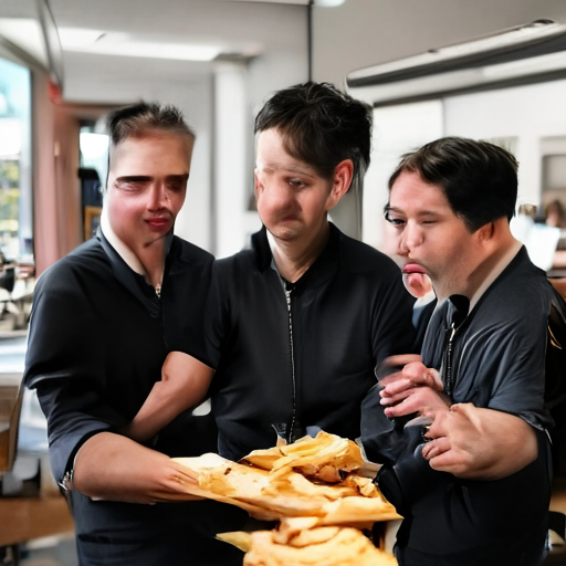 SolPix sample 01 - Three Black men sharing french fries at a neighborhood diner, candid documentary photography.