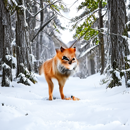 SolPix sample 02 - A red fox standing in fresh snow beneath pine trees at winter dawn, wildlife photography.