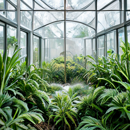 SolPix sample 03 - A glass greenhouse filled with ferns after rain, soft natural light, botanical photograph.