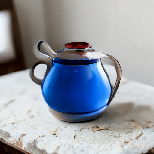 SolPix sample 04 - A handmade cobalt blue teapot on a pale stone table, clean studio product photograph.