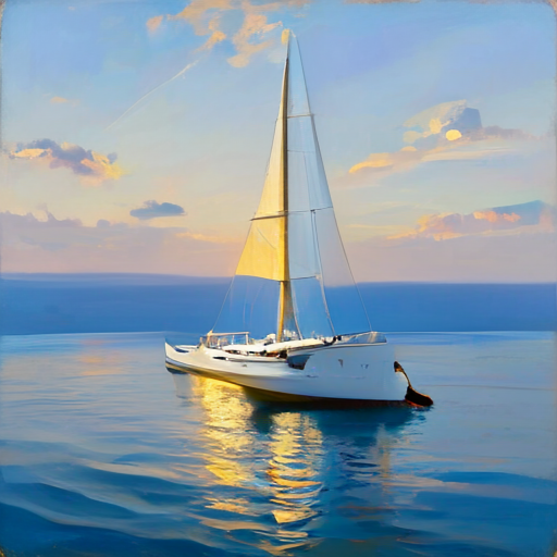 SolPix sample 05 - A white sailboat crossing a calm blue bay at golden hour, fine art landscape photograph.