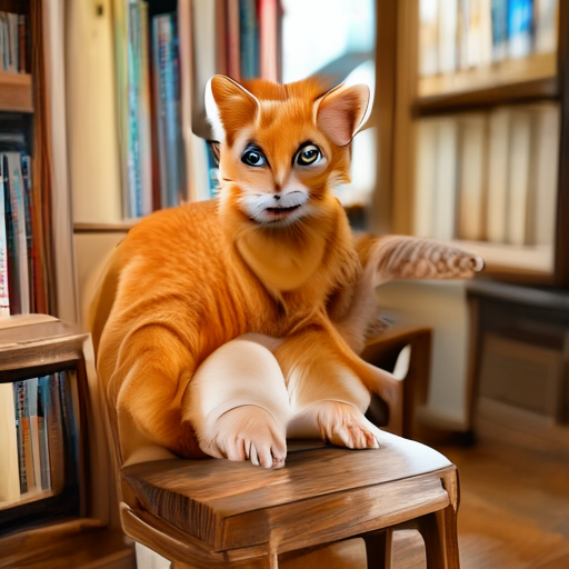 SolPix sample 06 - An orange cat curled on a wooden chair in a sunlit bookshop, cozy editorial photograph.