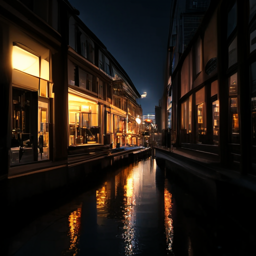 SolPix sample 07 - A small street cafe reflected in wet pavement at night, warm window light, city photograph.
