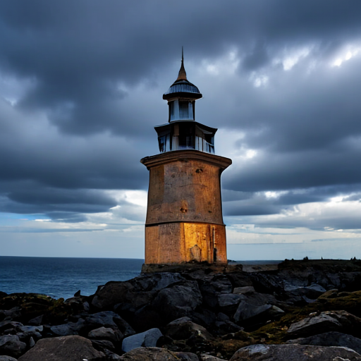 SolPix sample 08 - A wooden lighthouse on a rocky coast under a cloudy sky, atmospheric landscape photograph.