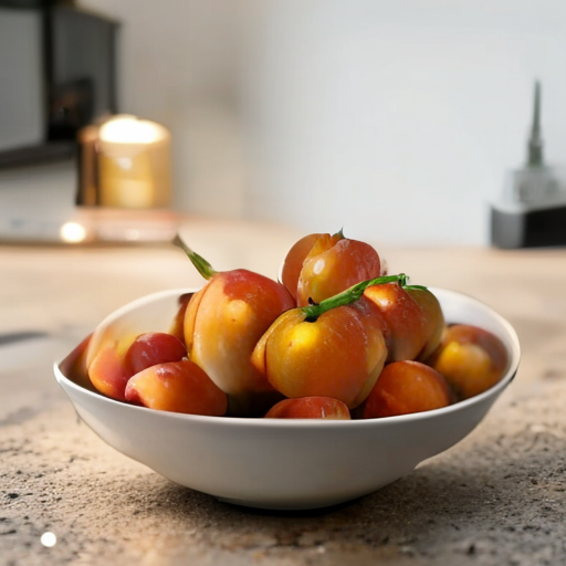 SolPix sample 09 - A bowl of ripe peaches on a kitchen counter, morning light, natural still life photograph.