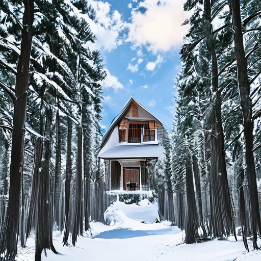 SolPix sample 10 - A snow-covered cabin among tall pine trees at blue hour, quiet winter landscape photograph.