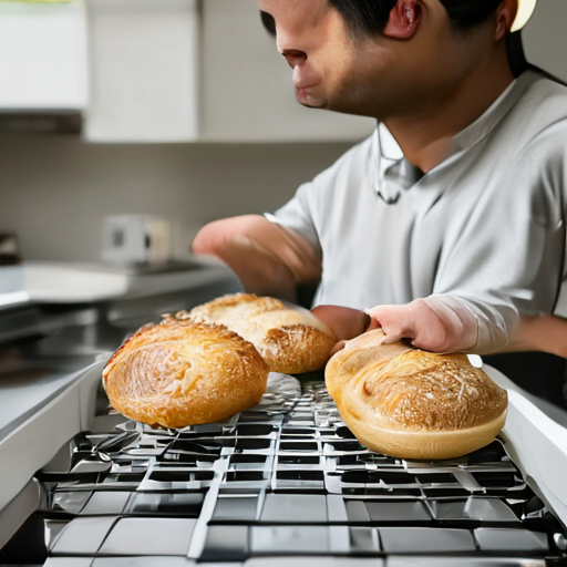 SolPix sample 11 - A baker placing fresh bread on a cooling rack in a bright kitchen, documentary photograph.