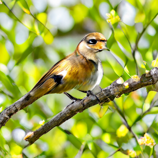 SolPix sample 12 - A goldfinch perched on a thin branch among spring blossoms, close-up wildlife photograph.