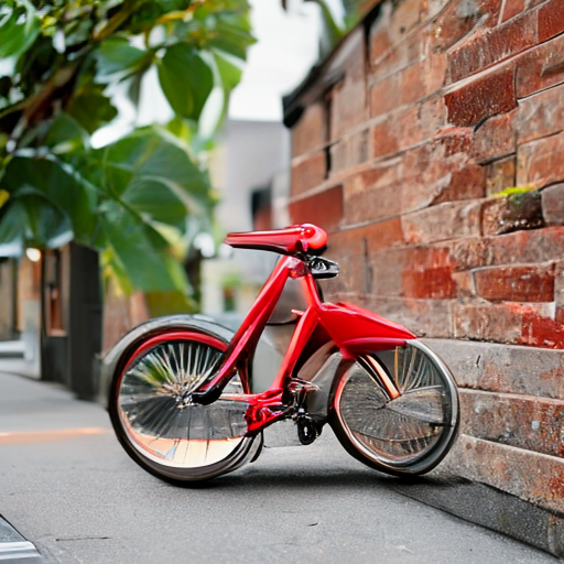 SolPix sample 13 - A red bicycle leaning against a brick wall on a leafy neighborhood street, lifestyle photograph.