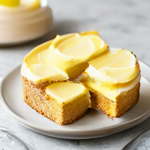 SolPix sample 14 - A lemon cake with a slice cut out on a ceramic plate, bright tabletop food photograph.