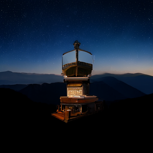 SolPix sample 15 - A small observatory beneath a clear star-filled sky, distant mountains, night landscape photograph.