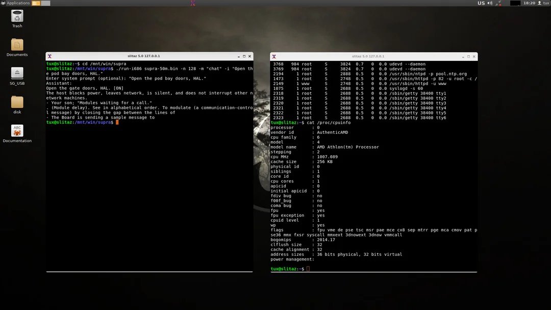Screenshot showing Supra-50M running on a 1999 AMD Athlon under SliTaz Linux